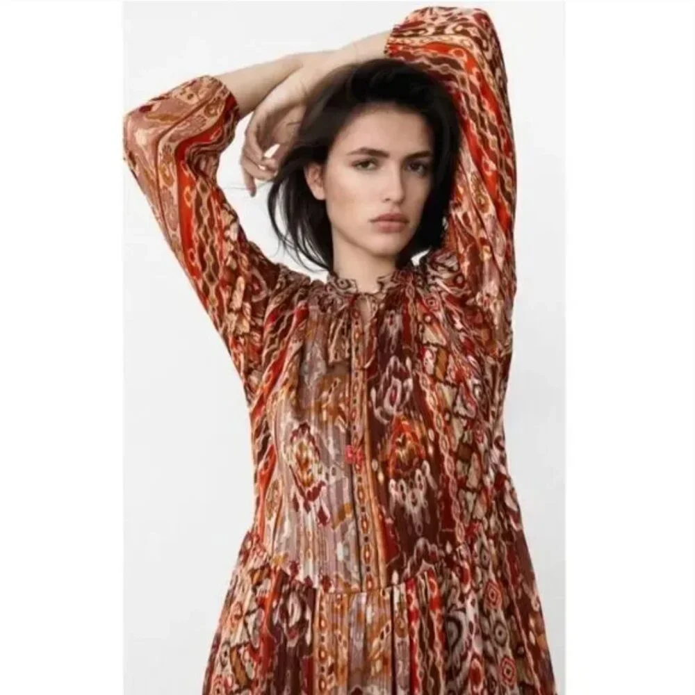 ZARA nwt GEOMETRIC PRINT METALLIC MIDI DRESS - M - Picture 10 of 17